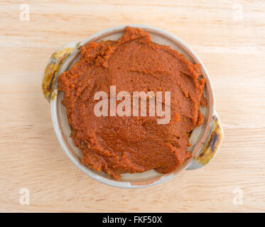 Draufsicht auf eine kleine Schüssel mit roter Curry-Paste auf einer hölzernen Tischplatte gefüllt. Stockfoto