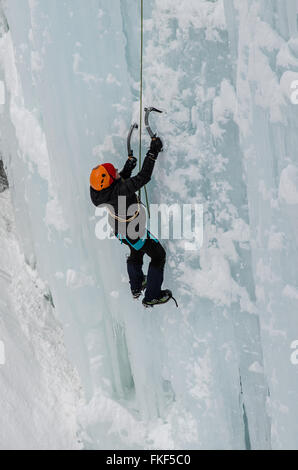 Jeden Winter massive Eiswände mit beeindruckenden Eiszapfen Form in den Canyon von Pontresina. Engagierten Bergführer Spritzwasser auf den Felsen. Stockfoto