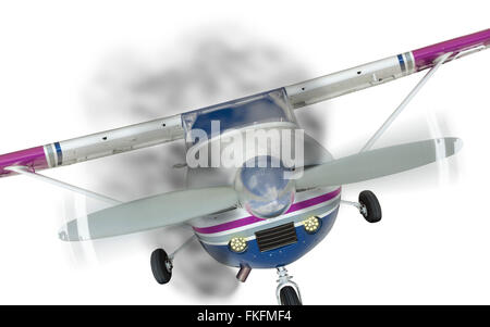 Vor einer Cessna 172 mit Rauch aus Motor auf weiß. Stockfoto