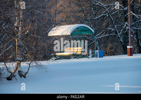 Bänke, bedeckt mit Schnee im Winter park Stockfoto