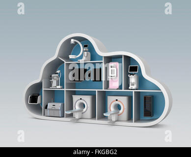 Medical imaging-System und PACS Server, 3D-Drucker im Cloud-Form-Container. Konzept für medizinische Cloud-Dienst. Stockfoto