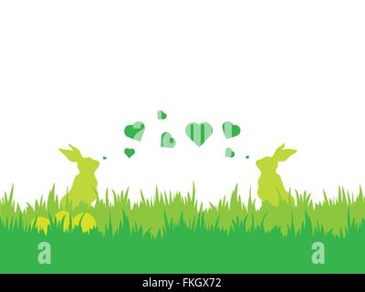 Ostern Urlaub Illustration mit Silhouetten von zwei Hasen weht Valentines an einander, Eiern und grass Stock Vektor