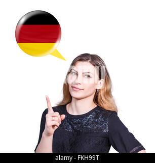 Frau-Punkt auf die Blase mit deutscher Flagge Stockfoto