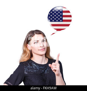 Frau-Punkt auf die Blase mit deutscher Flagge Stockfoto