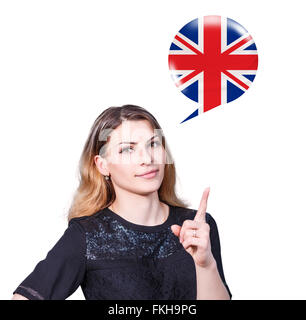 Frau-Punkt auf die Blase mit deutscher Flagge Stockfoto