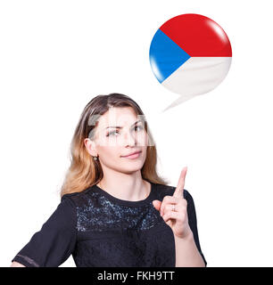 Frau-Punkt auf die Blase mit deutscher Flagge Stockfoto