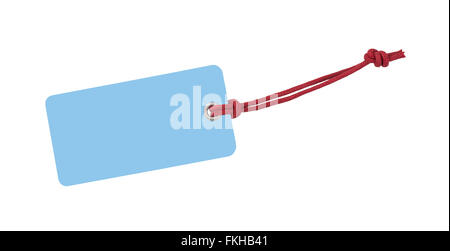 Blauen Etikette mit rotem Band isoliert auf weiss Stockfoto