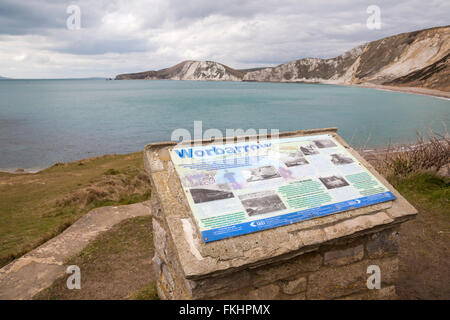 Worbarrow Schild am Worbarrow Bay, Isle of Purbeck, Dorset im März Stockfoto