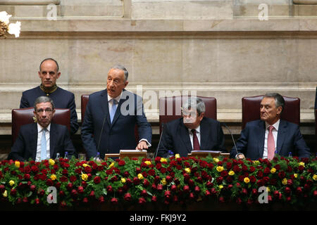 Lissabon, Portugal. 9. März 2016. Neue Portugals Präsident Marcelo Rebelo de Sousa hält eine Rede bei seiner Vereidigung im portugiesischen Parlament in Lissabon am 9. März 2016. Bildnachweis: Pedro Fiuza/ZUMA Draht/Alamy Live-Nachrichten Stockfoto