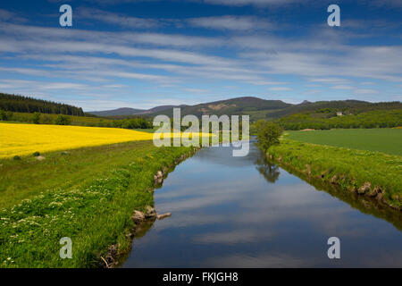 Der Fluss Don in ländlichen Aberdeenshire, Schottland mit Ackerland und Hügeln im Hintergrund