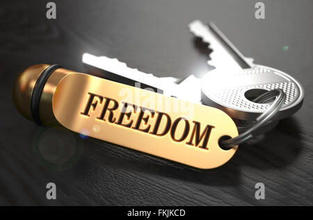 Schlüssel zur Freiheit. Konzept auf goldenen Schlüsselanhänger. Stockfoto