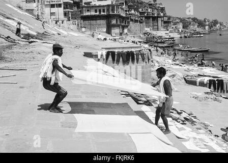 Waschen sie Tag. Putting out, waschen, waschen, Wäsche auf ghats am Ufer des heiligen Ganges zu Trocknen nach dem Waschen in verschmutzten Gewässern, Varanasi. Stockfoto