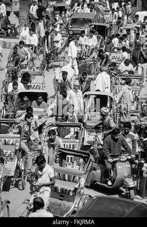 Heiligen Brahmanen Bull / Kühe auf der Straße. Hier im Verkehr bei Gadolia Chowk einem belebten Einkaufsviertel / Bereich von Varanasi, Indien Stockfoto