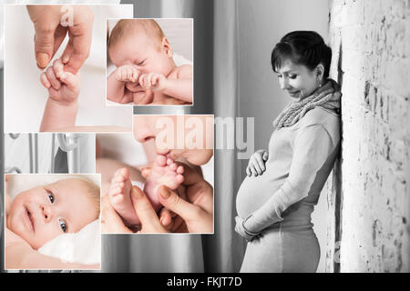 Baby-Collage und glücklich schwanger Frau Stockfoto