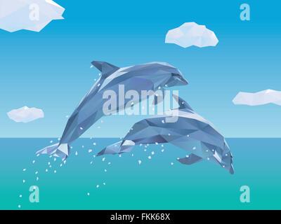 Low-Poly-Delphine springen aus dem Meer, einige Wolken am Himmel Stock Vektor