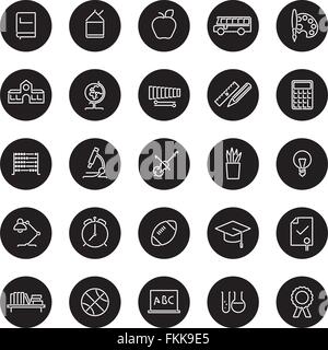 Satz von 25 Bildung, Schule, Hochschule und Universität bezogene Linie Symbole in schwarze Kreise Stock Vektor