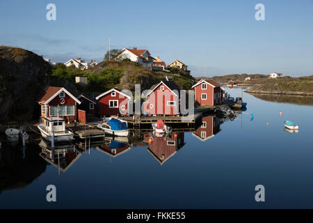 Traditionelle Falu rot Fischerhäuser, Stocken, Orust, Bohuslän-Küste, Süd-West Schweden, Schweden, Skandinavien, Europa Stockfoto