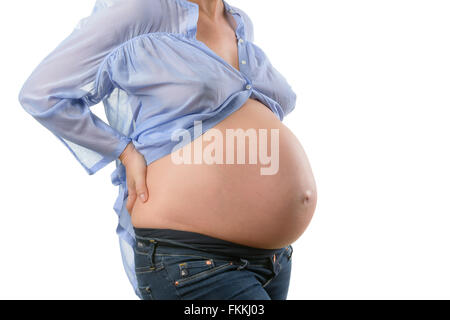 Schwangeren Bauch Blau Hemd Stockfoto