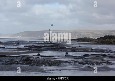 Borth, Ceredigion, Wales. 9. März 2016. UK-Wetter: Einen versteinerten Wald wieder erscheint nach den letzten Stürme & Treibsand, Hunderte von Baumstümpfen stammt aus der Bronzezeit vor 6.000 Jahren zu offenbaren. die Stümpfe steigen aus dem Sand wie abgebrochene Zähne! Bildnachweis: mike Davies/Alamy Live News Stockfoto