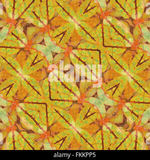 Digitale Collage Technik dekorative stilisierten Blumenmotiv geometrische Musterdesign in warmen Farben und schwarze Ränder Stockfoto