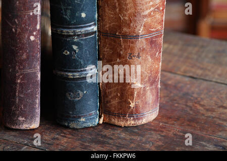 Nahaufnahme von einigen alten Bücher in einer Reihe auf alten Holzbrett Stockfoto