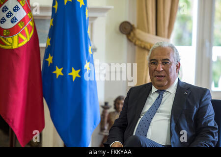 Lissabon, Portugal. 9. März 2016. Der portugiesische Premierminister Antonio Costa erhält Präsident von Mosambik Filipe Nyusis für ein bilaterales Treffen auf die offizielle Residenz des Premierministers. Auf dem Foto António Costa. Lissabon, Portugal, am 9. März 2016. Bildnachweis: Gonçalo Silva/Alamy Live-Nachrichten Stockfoto