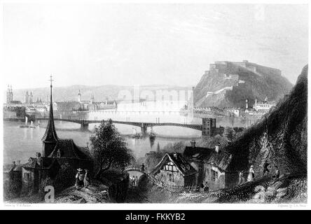 Eine Gravur von Koblenz und Ehrenbreitstein über den Rhein (Koblenz) mit hoher Auflösung aus einem Buch gescannt, gedruckt im Jahre 1876 Stockfoto