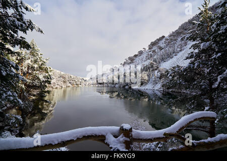 Einem kalten verschneiten Loch Uaine, Glenmore Forest Cairngorms in den schottischen Highlands, UK. Stockfoto
