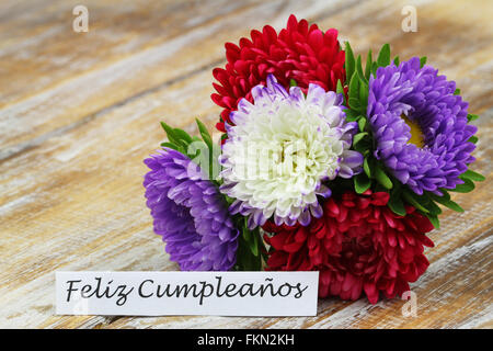 Feliz Cumpleanos (Happy Birthday auf Spanisch) mit bunten Aster Blumenstrauß Stockfoto
