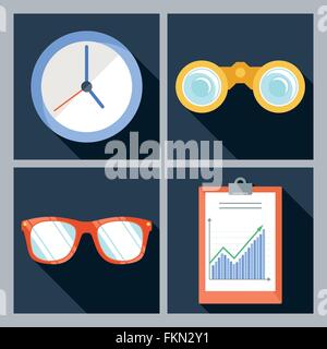Satz von vier Vektor-Icons mit der Uhr, Fernglas, Sonnenbrille Stock Vektor