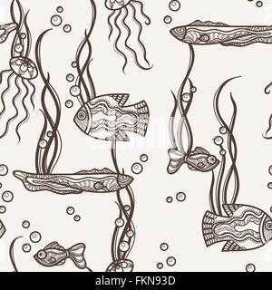 Nahtlose Vektormuster mit Hand gemalt ausgefallene Fisch und Algen Stock Vektor