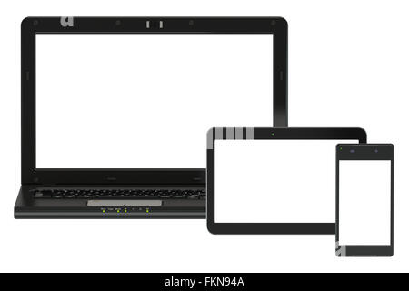 Laptop, Tablet und Smartphone mit weißen Schirm isoliert auf weißem Hintergrund Stockfoto