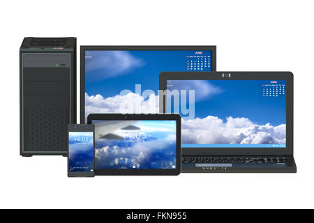 Moderne Computer, Laptop, Tablet und Smartphone isoliert auf weißem Hintergrund Stockfoto