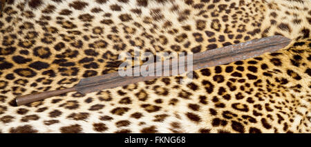 Afrikanische Massai Löwe Speerspitze auf Leopardenfell. Stockfoto