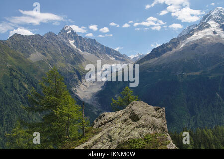 Tal mit Glacier d'Argentière zwischen Aiguille du Chardonnet und Aiguille Verte, Frankreich Stockfoto