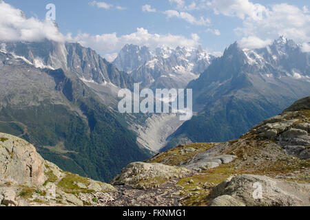 Grandes Jorasses, Dent du Geant, Aiguille des Grandes Charmoz, Mer de Glace, gesehen vom Lac Blanc, Frankreich Stockfoto