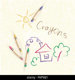 Vektor-Hintergrund mit Kinderzeichnungen von Häusern, Bäumen und Sonne mit verstreuten Wachsmalstifte Stock Vektor