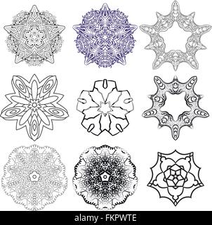 Satz von Vektor monochrome Blume Mandala auf einem kontrastierenden Hintergrund. Schneeflocke Stock Vektor