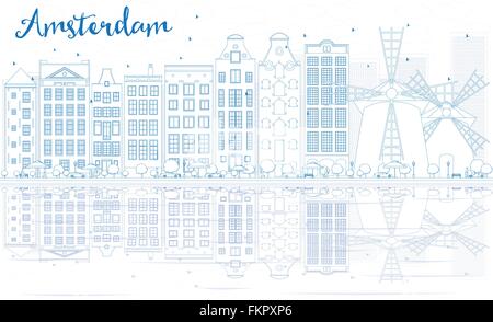 Skyline von Amsterdam mit blauen Gebäuden und Reflexionen zu skizzieren. Vektor-Illustration. Business-Reisen und Tourismus-Konzept Stock Vektor