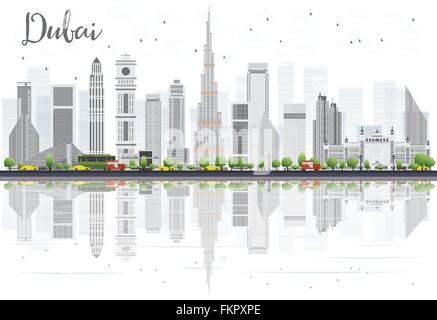 Dubai City Skyline mit Wolkenkratzern grau und Reflexionen Isolated on White. Vektor-Illustration. Stock Vektor