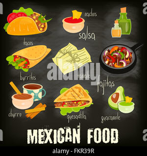 Mexikanisches Essen Speisekarte mit traditionellen pikante Mahlzeit auf Tafel Hintergrund. Stockfoto