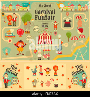 Zirkus Kirmes und Karneval Plakat im Vintage-Stil. Cartoon-Stil. Zirkustiere und Figuren. Stockfoto
