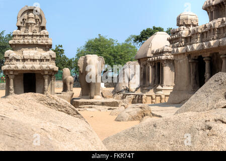 Pancha Rathas, Mahabalipuram, Kanchipuram, Tamil Nadu, Indien Stockfoto