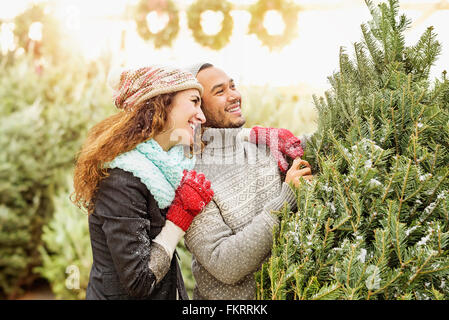 Paar umarmt Christmas Tree Farm Stockfoto