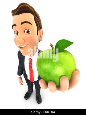 3D Geschäftsmann Betrieb grüner Apfel, isolierten weißen Hintergrund Stockfoto