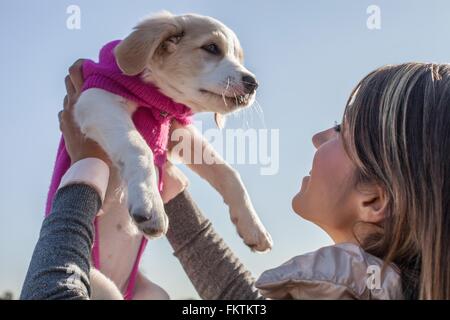 Niedrigen Sie über die Schulter Winkel Ansicht junge Frau hält lächelnd Welpen Stockfoto