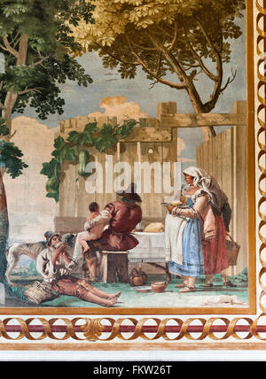 Villa Valmarana Ai Nani, Italien. Fresko von Giandomenico Tiepolo in der Foresteria (Gästehaus). Familienessen Stockfoto