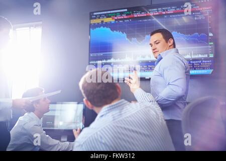 Kolleginnen und Kollegen im Büro zeigt auf Wand montiert grafischen Bildschirm Diskussion Stockfoto