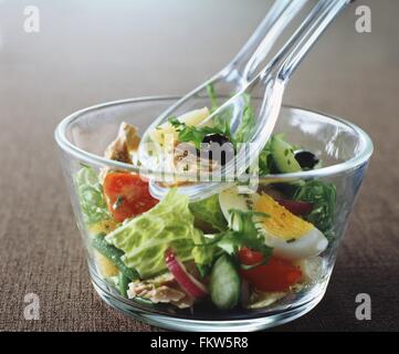 Salat, Oliven, Thunfisch, Tomaten, Gurke, Ei, Salat, Rucola, rote Zwiebeln, grüne Bohnen in Glasschale mit Glas löffeln Stockfoto