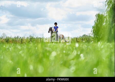 Ebene Oberflächenansicht von Mädchen reiten im Feld Stockfoto